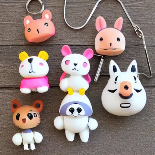 Image similar to some cute plastic toys that look like animal characters hanging from a backpack on a keychain, white, cream, and light pink