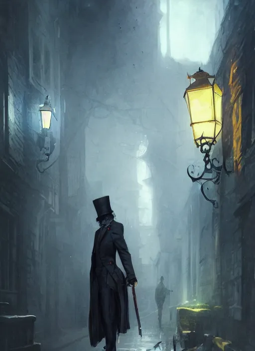 Prompt: highly detailed portrait of jack the ripper, realistic, horror, fantasy art by greg rutkowski, stanley artgerm, loish, rhads, tom bagshaw, global illumination, radiant light, detailed and intricate environment