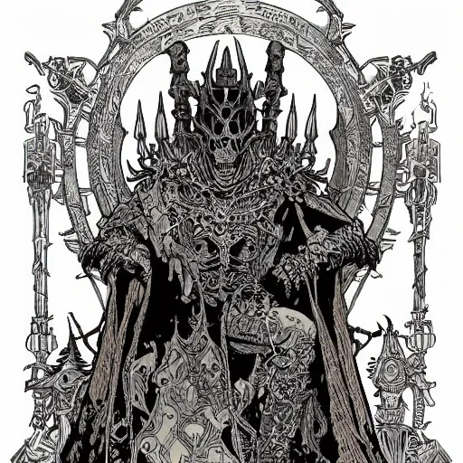 Prompt: an undead lich king on his throne, beautiful detailed intricate illustration by mike mignola and alphonse mucha