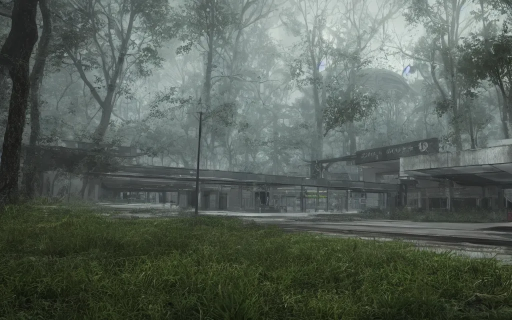 Image similar to overgrown mall, atmospheric, mist, epic, photorealistic, realistic, rule of thirds, extremely detailed, 4 k, 8 k, unreal engine 5 render, rim lighting, rtx, ray traced lighting, shot on 3 5 mm, film grain