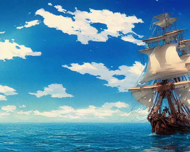 Image similar to a pirate ship on the blue seas, clear, sunny day, beautiful, ripples, waves, reflections on the water, no land, sea, blue sea, anime, wide shot. By Makoto Shinkai, Stanley Artgerm Lau, WLOP, Rossdraws, James Jean, Andrei Riabovitchev, Marc Simonetti, krenz cushart, Sakimichan, D&D trending on ArtStation, digital art.