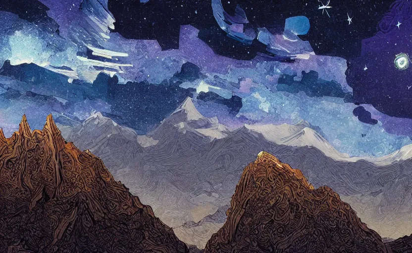 Prompt: mountains, stars and paisley filled sky, artstation, intricate, highly detailed, digital painting, concept art, sharp focus, illustration by Jean Claude Mézières and Charles Williams