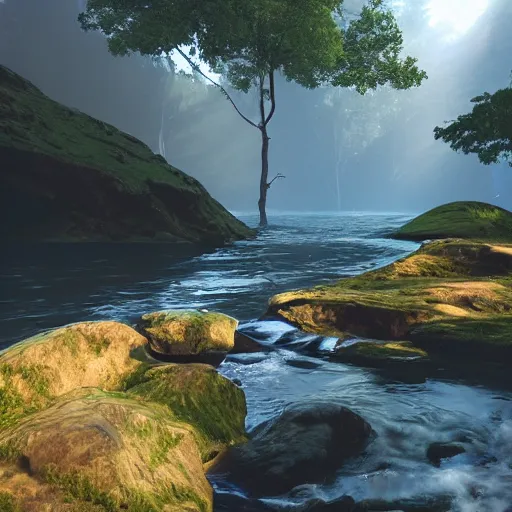 Image similar to a beautiful landscape, river, rocks, trees, volumetric lighting, octane render, nvidia raytracing demo