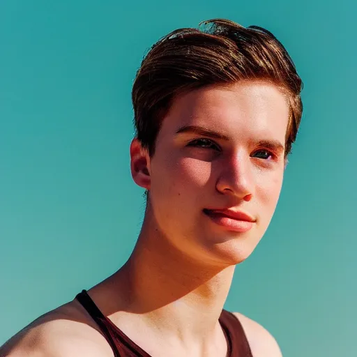 Prompt: Portrait of a 21 yo boy with natural brown hair, smooth pale skin. Net fischer net tank top. Detailed face. Blue sky.