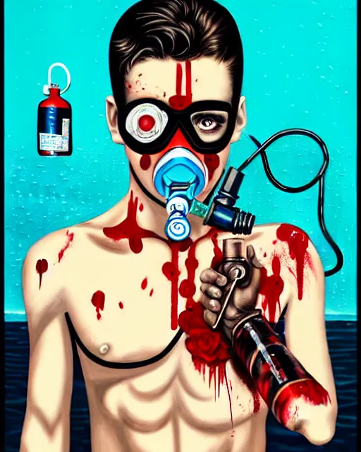 Prompt: diver man wearing oxygen mask, has blood, rose, a pistol and a syringe needle with sea background intricate details with horror side profile by Sandra Chevrier