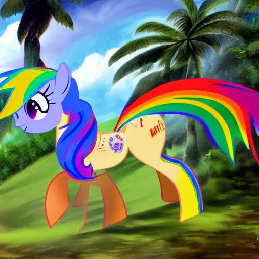 Image similar to my little pony rainbow dash as a high speed train in a lush tropical setting in hawaii hyperrealism