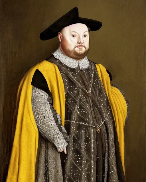 Image similar to fat gray cat with yellow eyes dressed like henry viii, tudor period menswear, hans holbein the younger, greg rutkowski, royal portrait, painting