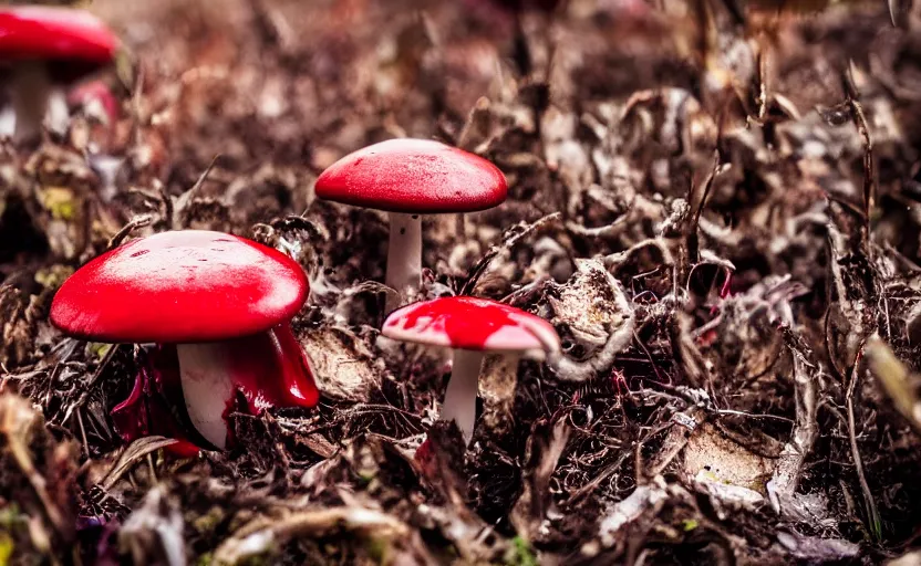 Image similar to a photography of a mushroom dripping blood, photorealistic, terriying, insects flying, 2 4 mm, f 1 4