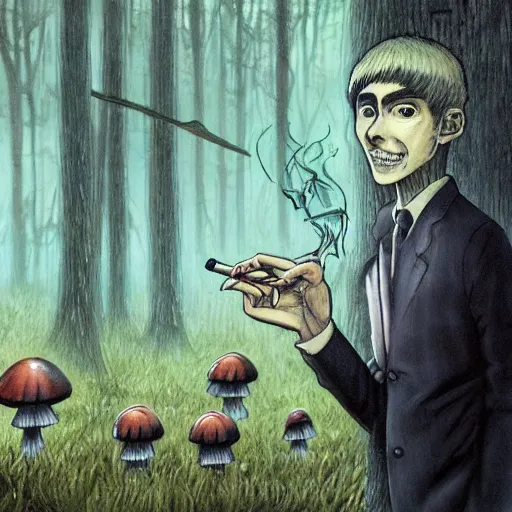 Image similar to a centered chest up portrait of a psychedelic demonic anthropomorphic forest animal in a suit smoking a hand - rolled cigarette smoking heavily, magic mushroom village in background. award winning. superb resolution. in the art style of junji ito and greg rutkowski. detailed mushroom city in background. hyper realistic anime. perfect art. dalle 2