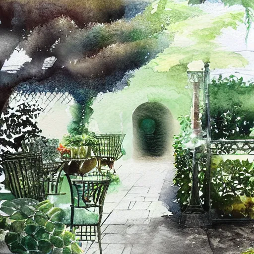 Prompt: delicate smoke, chairs, garden, paved, botanic watercolors, iridescent, 8 k, realistic shaded, fine details, artstation, italian, iron gate, tree, mediterranean, marvelous