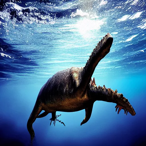 Prompt: an award winning national geographic photo of a swimming dinosaur deep in the ocean