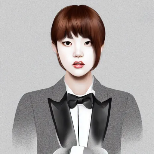 Image similar to portrait of a beautiful korean girl wearing a men's tuxedo, with long hair and bangs, angular features, angry expression, digital art, elegant pose, detailed illustration