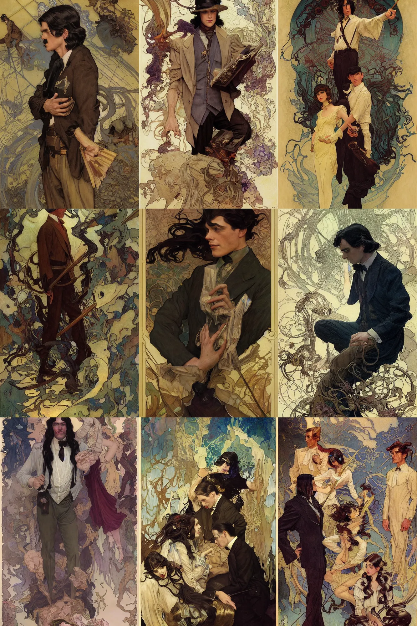 Prompt: male teacher, long dark hair, 1 9 2 0 s fashion, fantasy, art by joseph leyendecker, donato giancola, dean cornwell, peter mohrbacher, ruan jia, marc simonetti, ayami kojima, cedric peyravernay, alphonse mucha, thomas kinkade, victo ngai