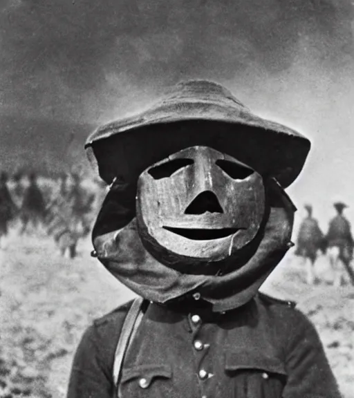 Image similar to a man at wearing a full head scarecrow mask in distance, ww1 film photo, grainy, high detail, high resolution