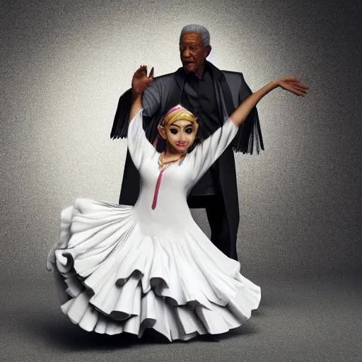 Image similar to morgan freeman playing the spanish guitar and princess zelda from the legend of zelda dancing flamenco, realism, 4 k, award winning photograph octane render, award winning photograph