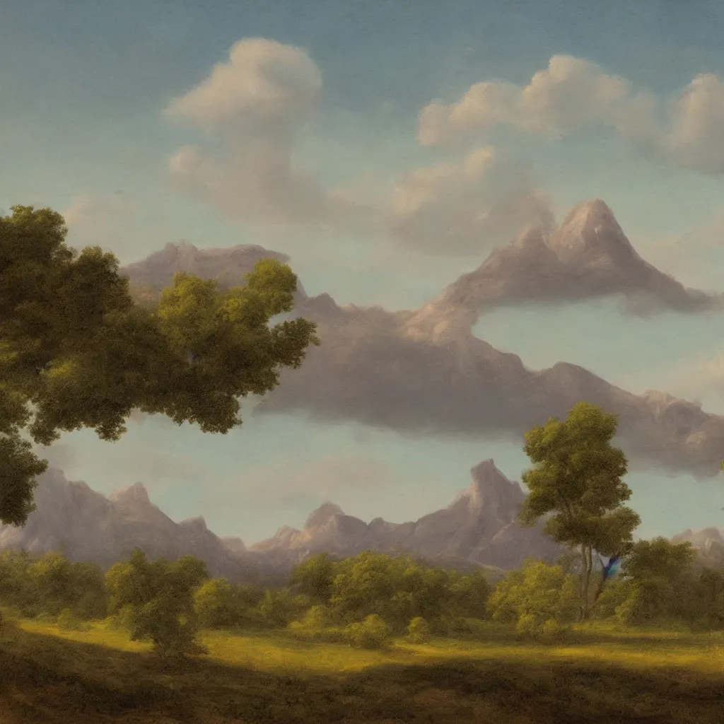 Prompt: a wide angle landscape of a praire with a very large thin spire mountain in the distance in the style of rococo digital painting