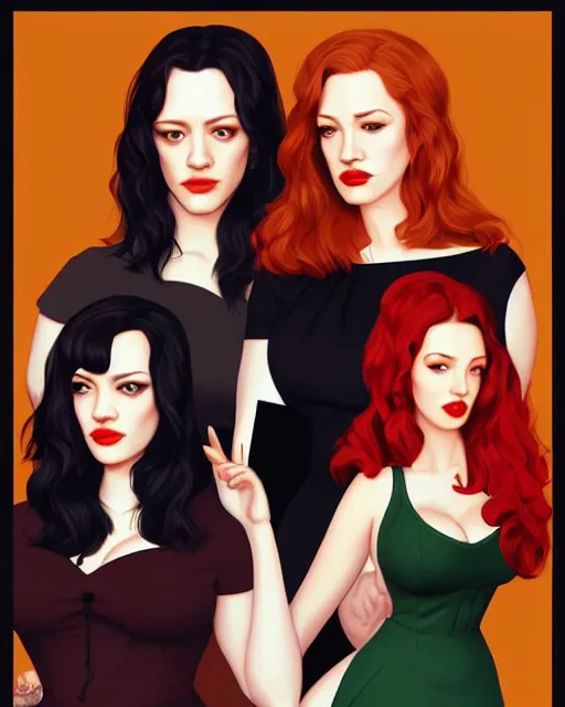 Prompt: kat dennings christina hendricks jennifer tilly, in a dress, by wlop and ilya kuvshinov and artgerm