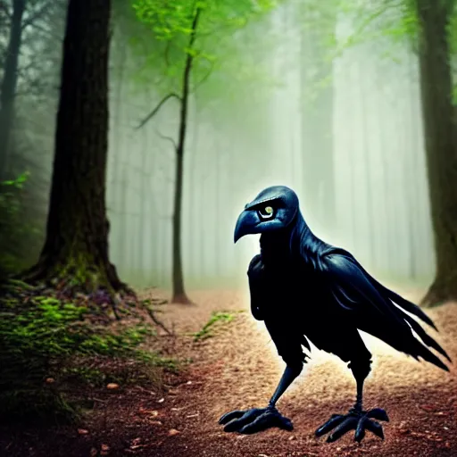 Image similar to werecreature consisting of a human and crow, photograph captured in a forest