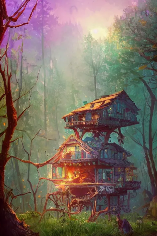 Prompt: a cheerful and whimsical ramshackle multistory hut in the woods, intricate, elegant, fantasy, highly detailed, digital painting, concept art, sharp focus, illustration, beautiful volumetric lighting, epic light, artstation, magic hour lighting, colorful, sunshine, springtime, art by Sylvain Sarrailh