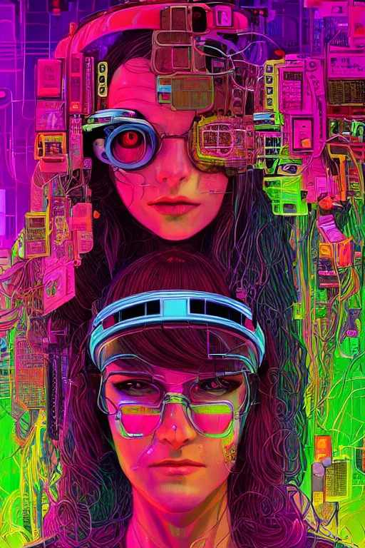 Image similar to stunning highly detailed portrait of a neuromancer Women with long hair with cyber headgear surrounded by wires, neon colors, oil on canvas, strong lighting, by Josan Gonzalez, HD, 4K