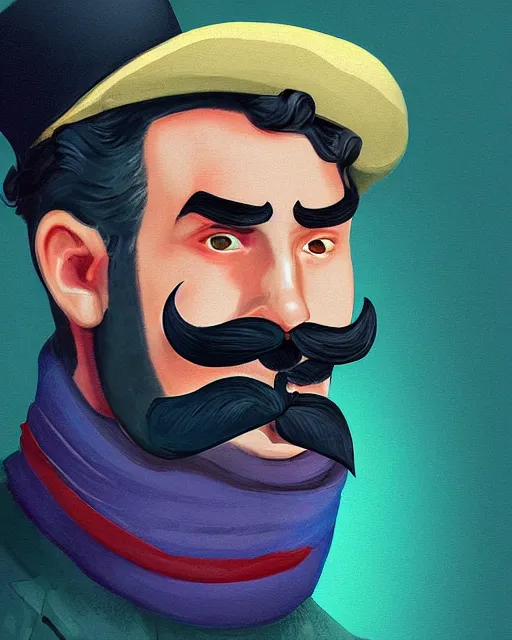 Prompt: a portrait of a male vintage thief with mustache by Peter Xiao, digital painting, illustration vibrant colors