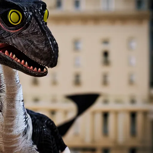 Prompt: photograph of a velociraptor wearing a fancy tuxedo, studio lighting, grand hotel background, f/1.8 aperture, cinematic lens