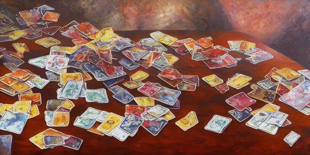 Image similar to impressive card shuffling, oil painting