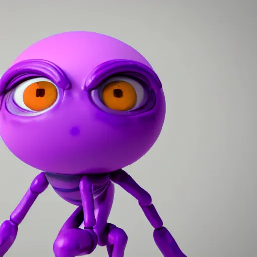 Image similar to photo of a comically tiny clay model of character with large spherical purple head and large childlike eyes with comically tiny body and spindly limbs leans close to the camera, fish eye lens, 4 k, hyper realistic, hyper detailed face, octane render, comedic, cute