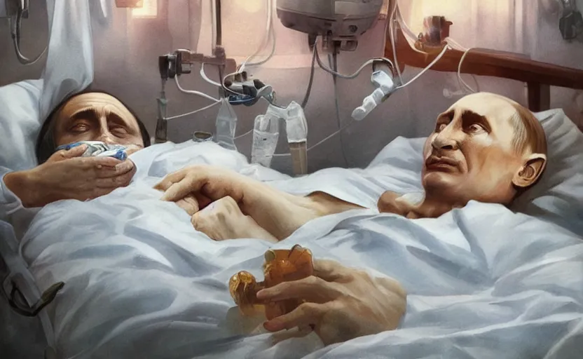 Prompt: Vladimir Putin in hospital bed with an oxygen mask, intricate, portrait, digital painting, artstation, concept art, smooth, sharp focus, illustration, cinematic lighting, art by artgerm and greg rutkowski and alphonse mucha