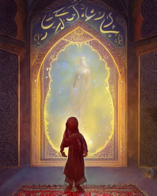 Prompt: a bedouin child infront of an big open quran highly detailed, gold filigree, romantic storybook fantasy, soft cinematic lighting, award, disney concept art watercolor illustration by mandy jurgens and alphonse mucha and alena aenami, pastel color palette, featured on artstation
