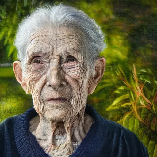 Prompt: portrait painting of the oldest person ever, garden, photorealistic, extreme detail, sharp focus, 8 k, intricate, hyper detailed, realistic, cinematic lighting