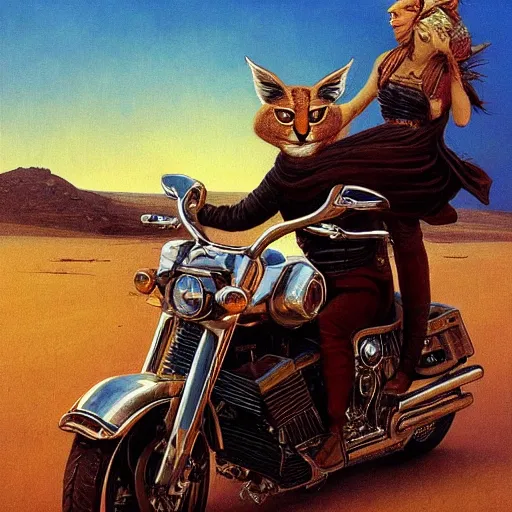 Image similar to a detailed painting of a cute caracal riding a harley davidson motorcycle. movie scene, cinematic scene, sunset, road. by beksinski and carl spitzweg and tuomas korpi. baroque elements. baroque element. intricate artwork by caravaggio. oil painting. award winning. trending on artstation. 8 k