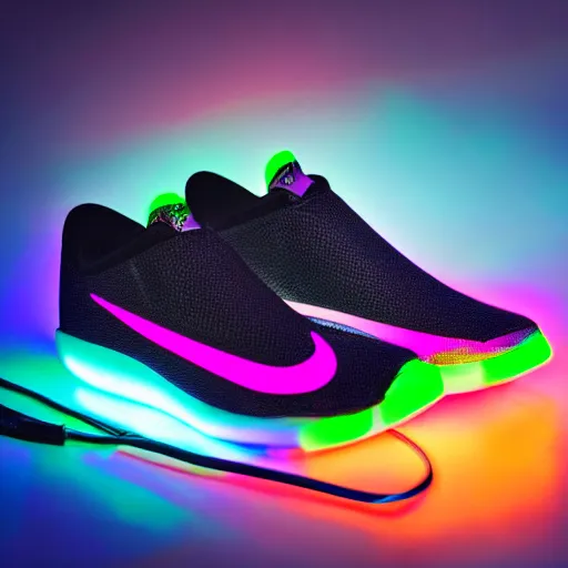Prompt: futuristic nike shoe with neon lights on it, product photography