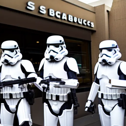 Image similar to storm troopers at starbucks, 8k