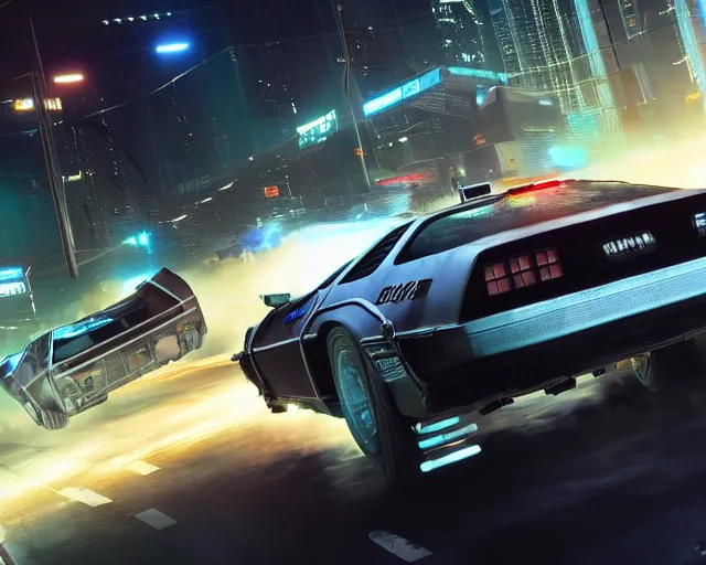 Prompt: photo of a vehicle concept design delorean being chased by police on wet cyberpunk city streets at night, rocket league tank, mad max, action, speed, volumetric lighting, hdr, gta 5, makoto shinkai, syd mead, borderlands, fast and furious, octane, 8 k