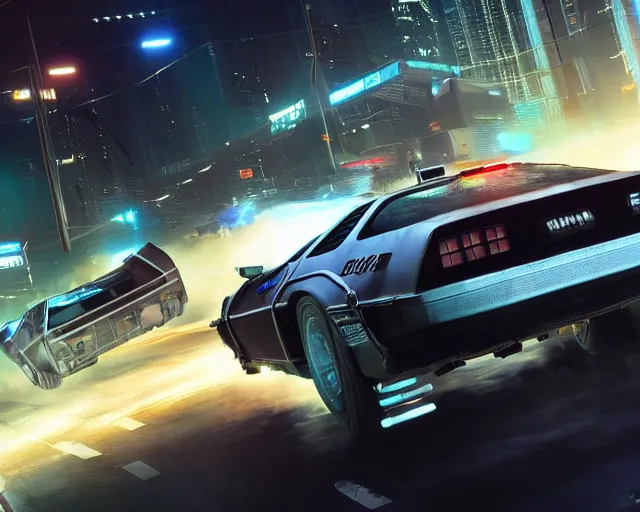 Image similar to photo of a vehicle concept design delorean being chased by police on wet cyberpunk city streets at night, rocket league tank, mad max, action, speed, volumetric lighting, hdr, gta 5, makoto shinkai, syd mead, borderlands, fast and furious, octane, 8 k