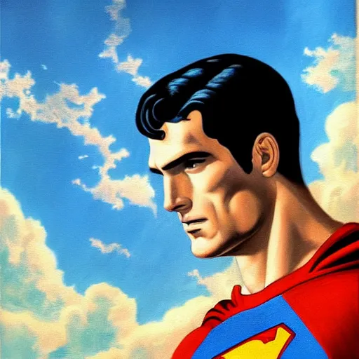 Prompt: masterpiece painting of Superman, gorgeous, high detail, sharp focus, smooth, vibrant colours, clouds, bright sky, close up, dramatic,