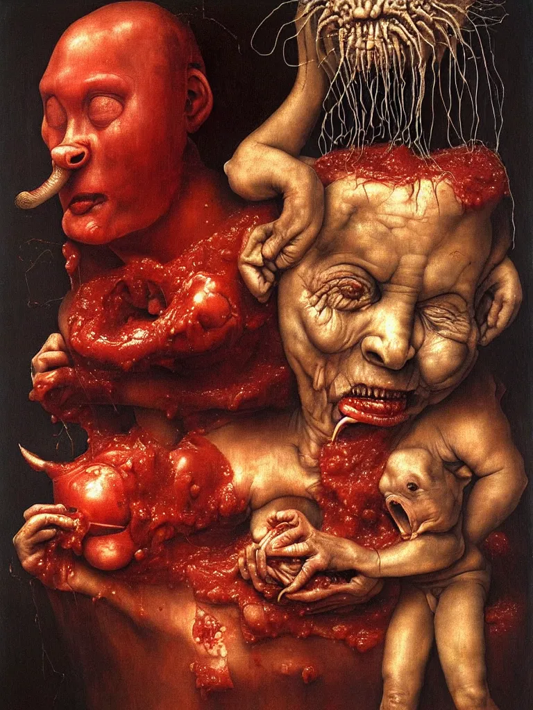 Prompt: a boy like eraserhead and elephant man sitting in a tub full of tomato sauce, looking straight into camera, screaming in desperation, by giuseppe arcimboldo and ambrosius benson, renaissance, fruit, fractal elements in play, intricate and intense oil paint, a touch of beksinski and hr giger and edward munch, realistic