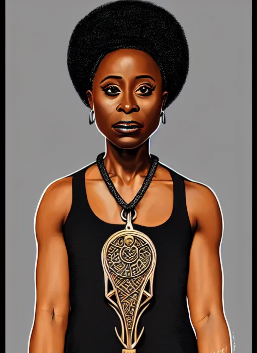 Prompt: portrait of Kirby Howell-Baptiste wearing a modern black tank top with an egyptian symbol ankh necklace, art nouveau, D&D, fantasy, intricate arcane wiccan designs, elegant, highly detailed, digital painting, artstation, concept art, matte, sharp focus, illustration, art by Artgerm and Greg Rutkowski and WLOP