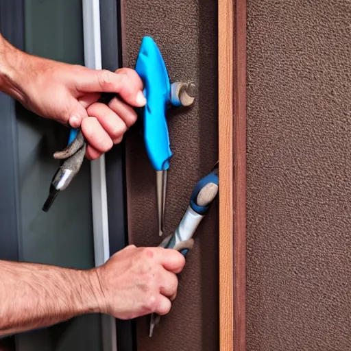 Prompt: Fixing a door with a rubber hammer.