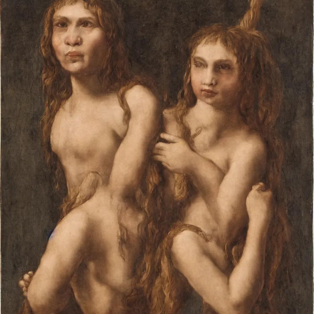 Image similar to a young neanderthal girl, in baroque, italian renaissance