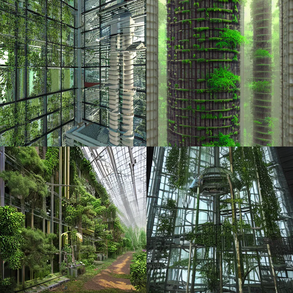 Prompt: last temperate forest inside cyberpunk greenhouse tower
