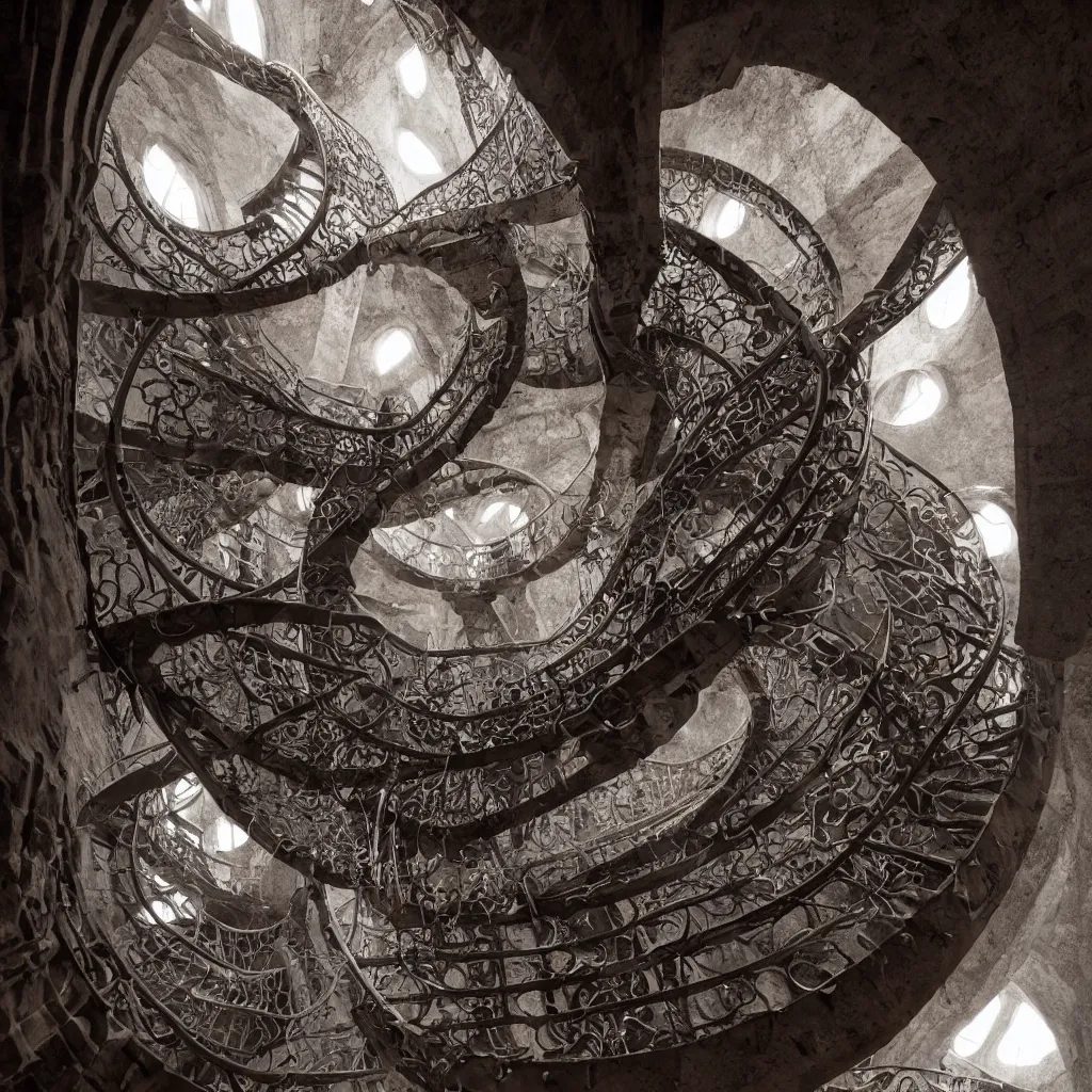 Image similar to , grand spiral stairs going down deep in a dark hole, many doors, by antoni gaudi and greg rutkowski, dramatic volumetric cinematic light, chiaroscuro, cinematic, hyperrealist, high detailed