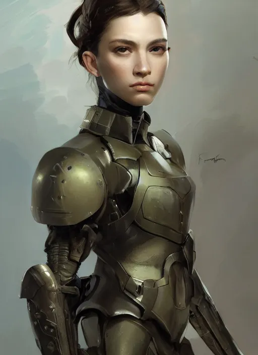 Image similar to a professional painting of a beautiful young female, clothed in military armor, olive skin, long dark hair, beautiful bone structure, symmetrical facial features, intricate, elegant, digital painting, concept art, smooth, sharp focus, illustration, from Metal Gear, by Ruan Jia and Mandy Jurgens and Artgerm and William-Adolphe Bouguerea