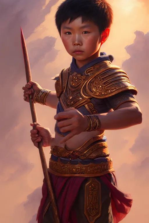 Image similar to a masterpiece portrait of nezha, highly detailed, boy hold spear, chinese fantasy, highly detailed, digital painting, trending on artstation, concept art, sharp focus, illustration, global illumination, ray tracing, realistic shaded, art by artgerm and greg rutkowski and fuji choko and viktoria gavrilenko and hoang lap