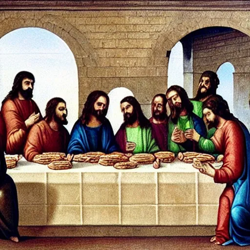 Image similar to in The Last Supper, Jesus is eating a large delicious hamburger that has a beef patty, lettuce, and tomato