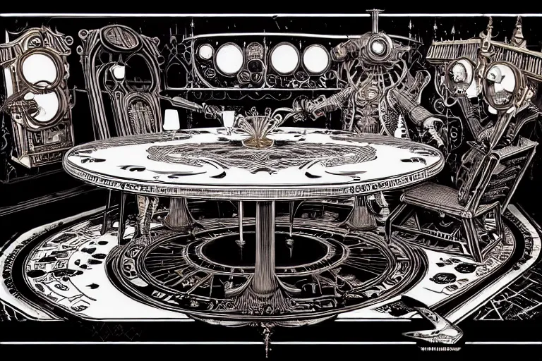 Image similar to majestic steampunk table, furniture, high details, bold line art, by vincent di fate and joe fenton, inking, etching, screen print, masterpiece, trending on artstation, sharp, high contrast, hyper - detailed,, hd, 4 k, 8 k