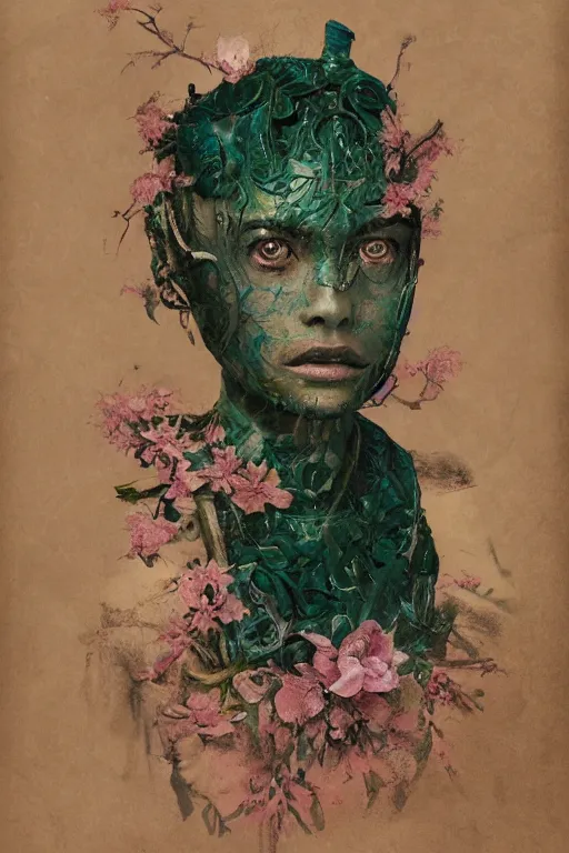 Image similar to portrait of beautiful young mainem, warhammer, japaneese style, cyber armor, a lot of more scars, more and more flowers, green head, the middle ages, highly detailed, artstation, illustration, art by rene magritte, 8 k quality