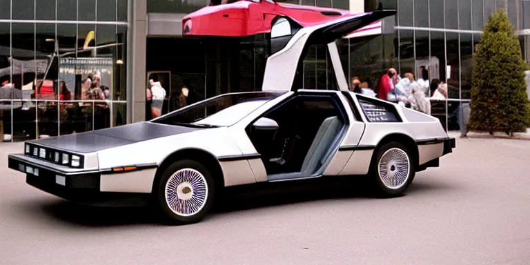 Prompt: Photoreal Cinematography of a photorealistic Delorean Time Machine From Back To The Future Parked in Twin Pines Mall in 1985 with one door open