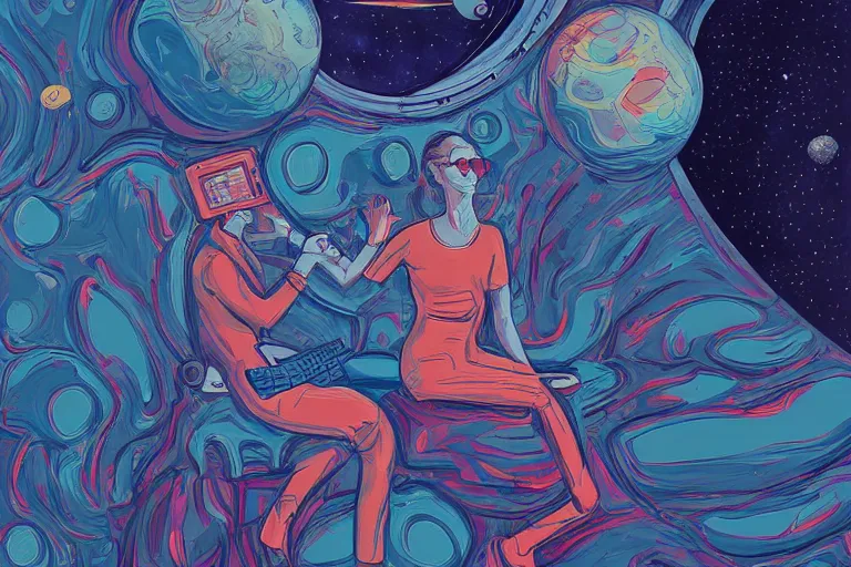 Image similar to a painting of a man and a woman in space, a computer rendering by James Jean, featured on behance, feminist art, photoillustration, surrealist, behance hd